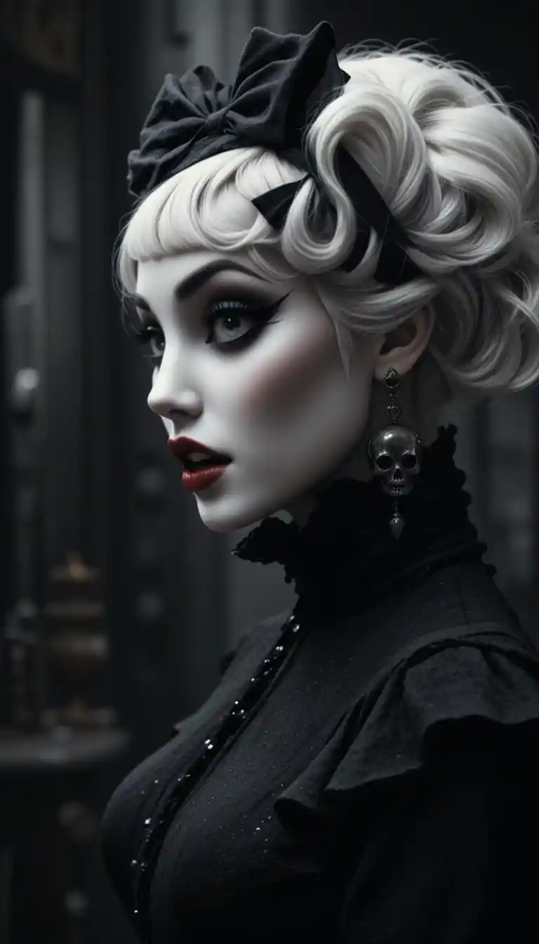 White haired woman with skull earring in dark portrait