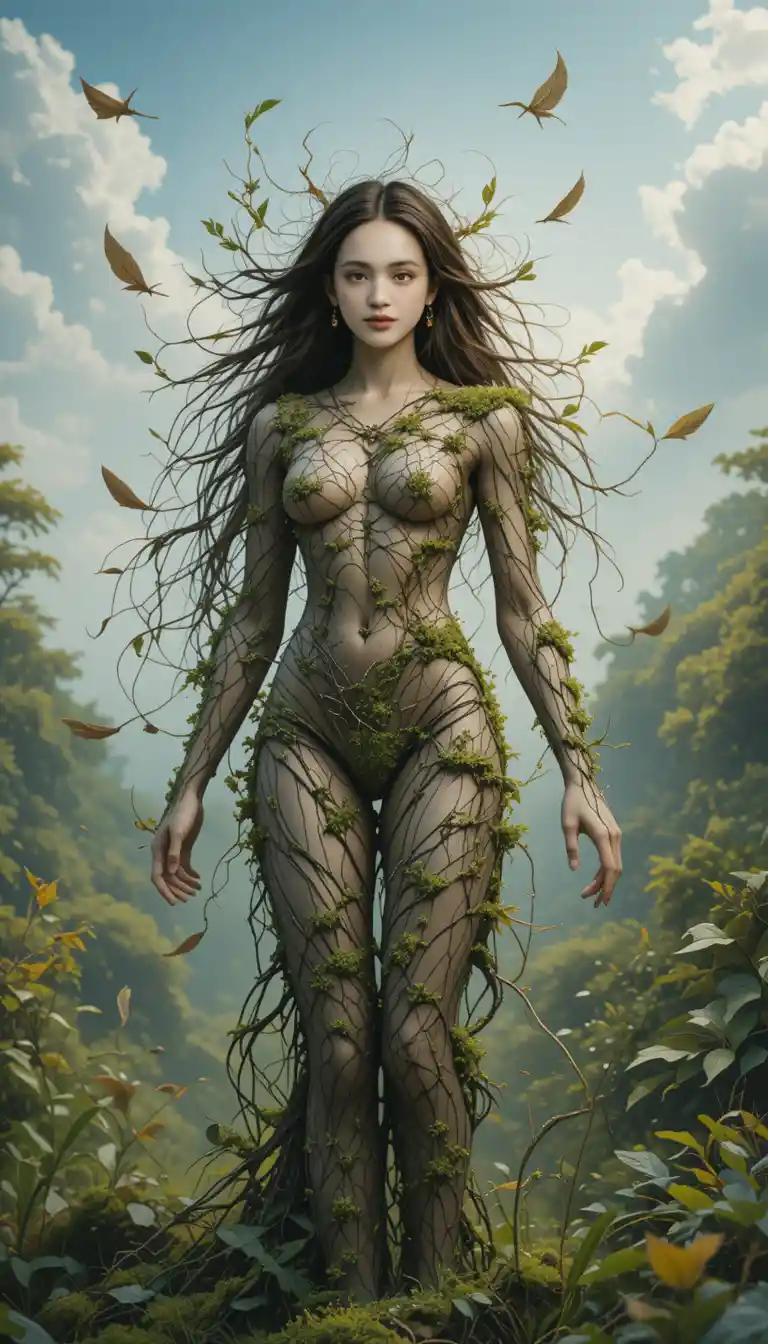 Forest guardian woman fused with bark moss and leaves