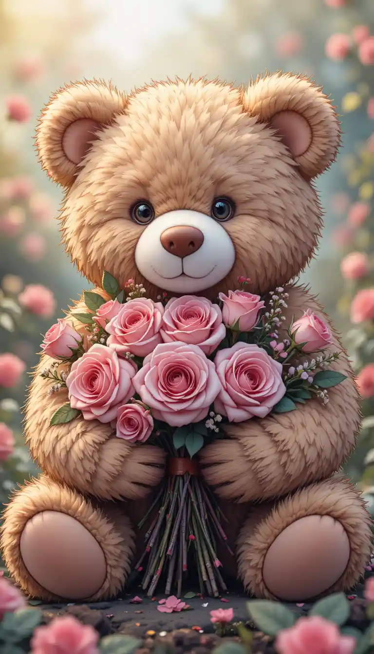 Teddy bear holding roses in a gentle line art illustration