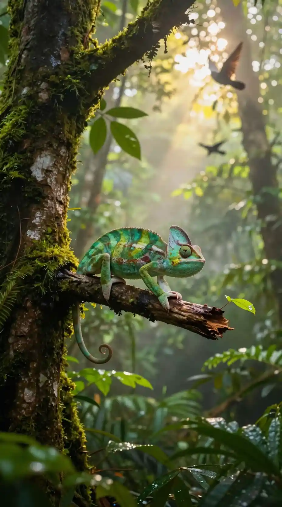 Green chameleon resting on a branch in misty rainforest