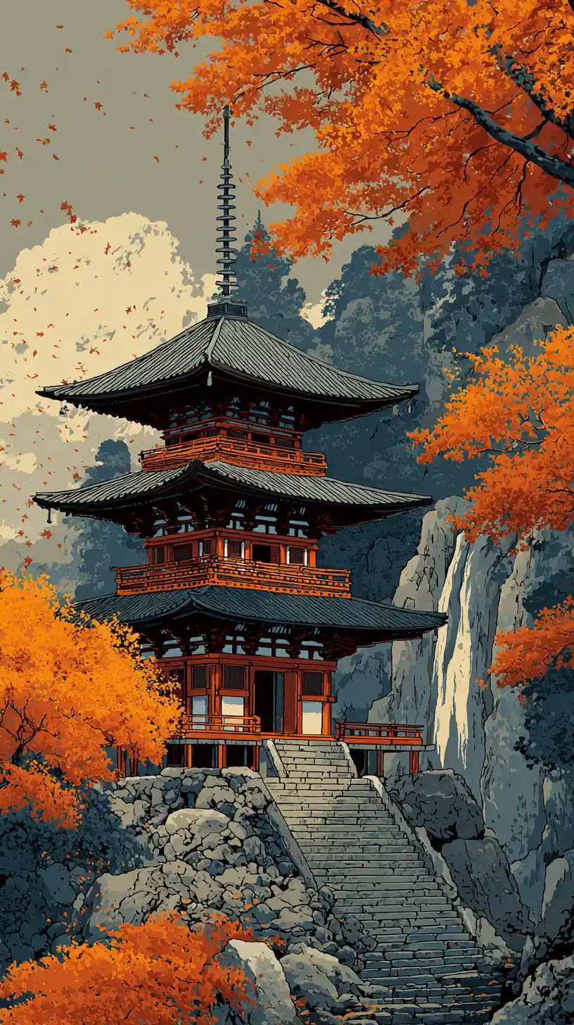 Ukiyo e pagoda above waterfall with drifting autumn leaves