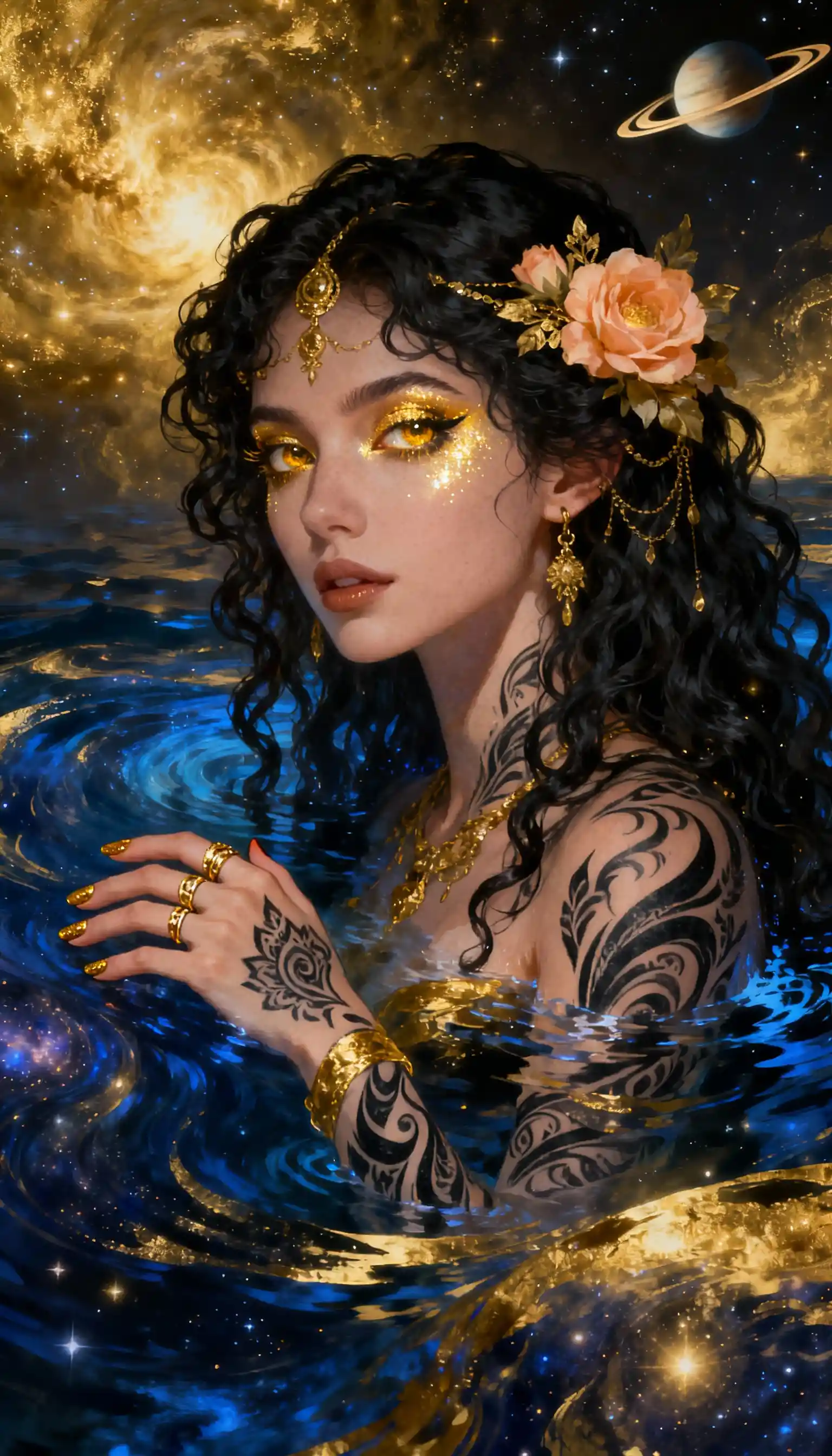 Mystical woman in swirling cosmic water with golden glow