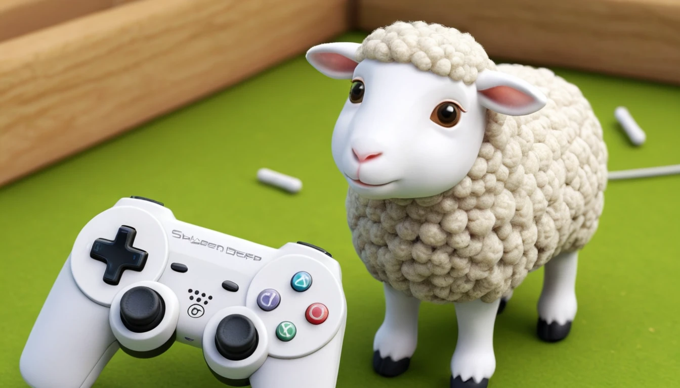 Piccola pecora bianca che gioca su una console di gioco moderna