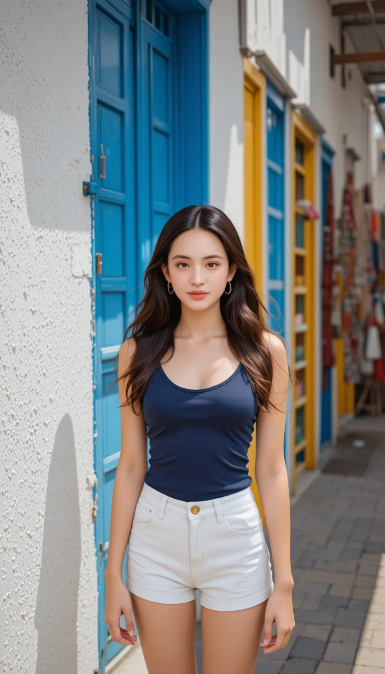 Jovem mulher com look de verão em rua de mercado colorida