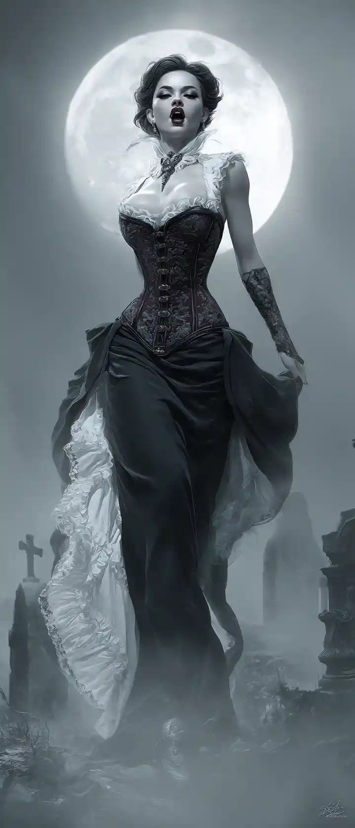 Mujer vampira caminando por un cementerio brumoso a la luz de la luna
