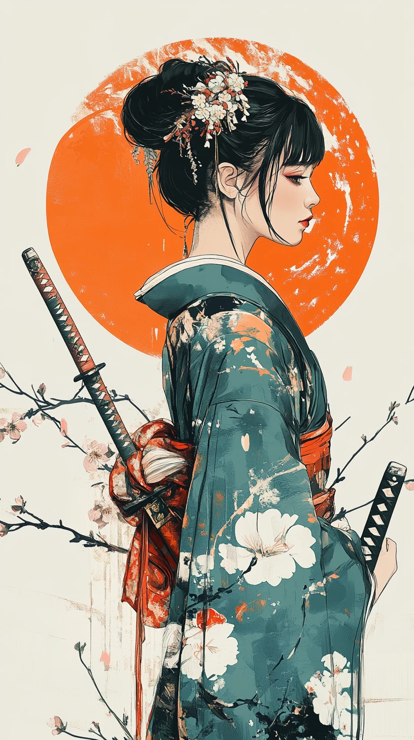 Elegante Anime-Samurai-Frau im traditionellen türkis-orangen Kimono