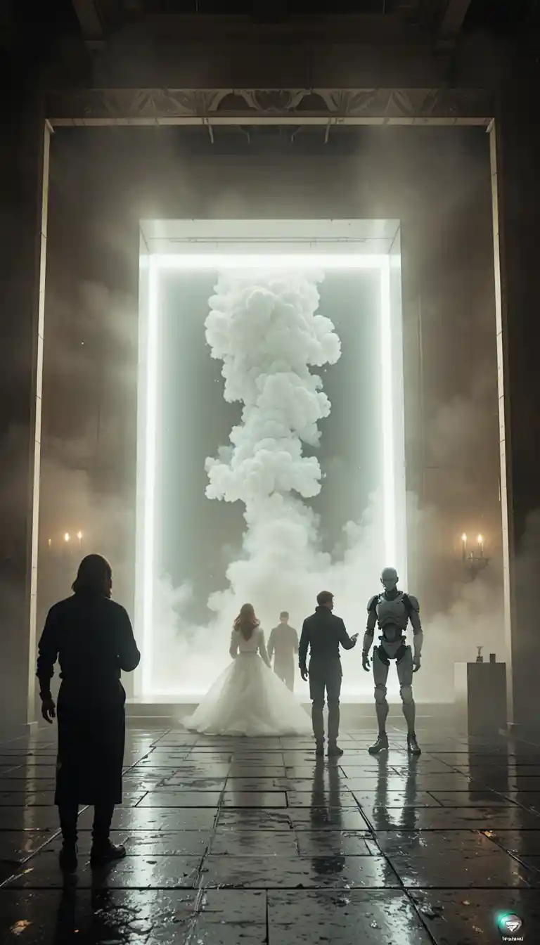 Two figures and robots before a vast glowing doorway