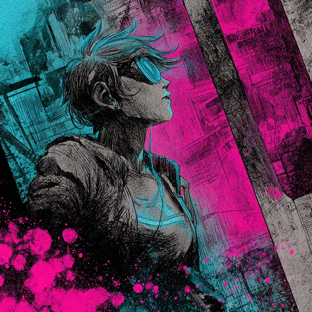 Neon cyberpunk comic illustration with bold graphic inking