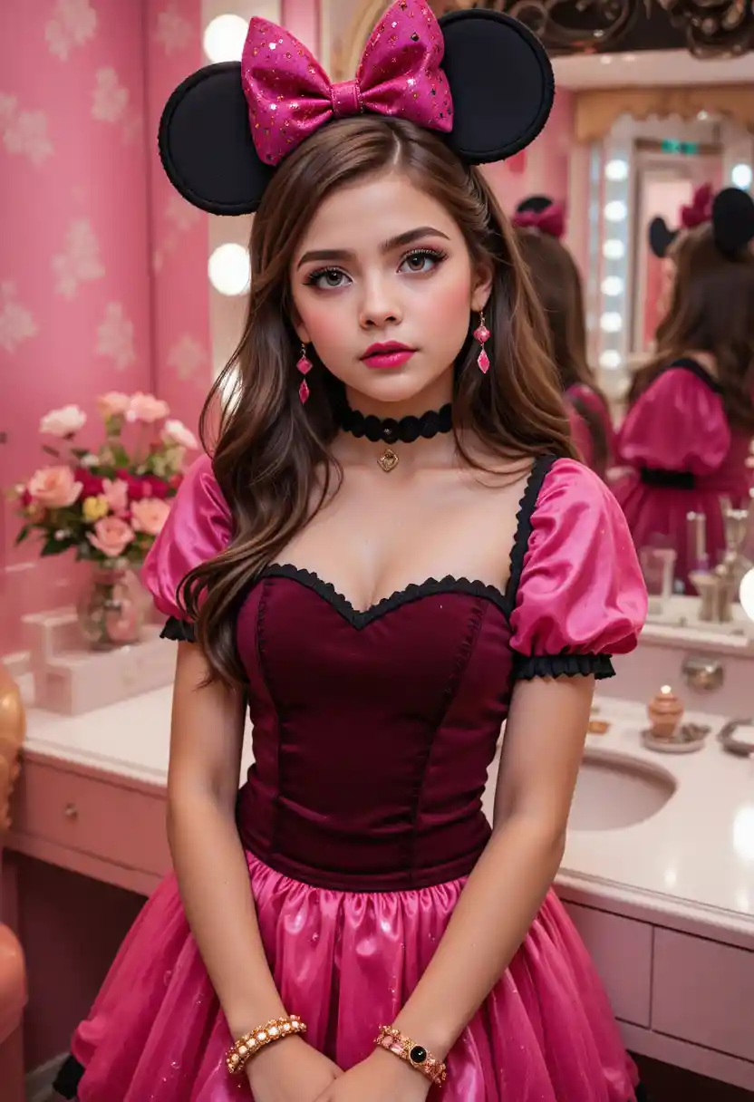 Menino pré-adolescente de vestido rosa da Minnie em penteadeira de boutique