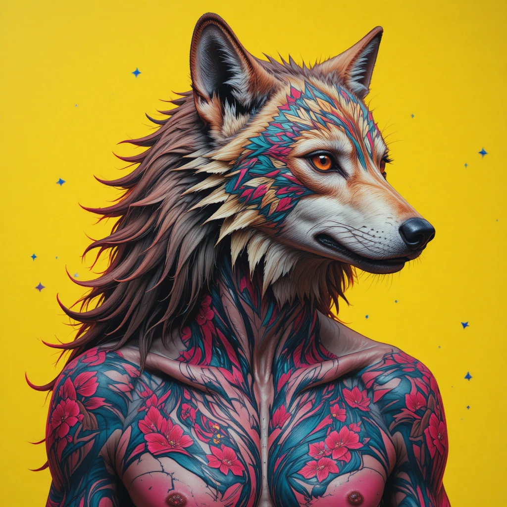 Retrato de lobo tatuado en vibrantes colores neo punk del desierto