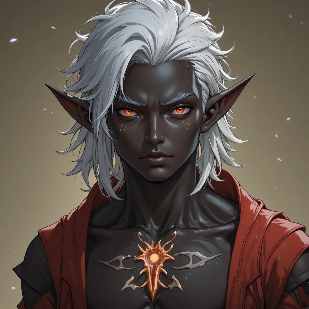 Dark skinned fantasy man with silver hair and purple eyes