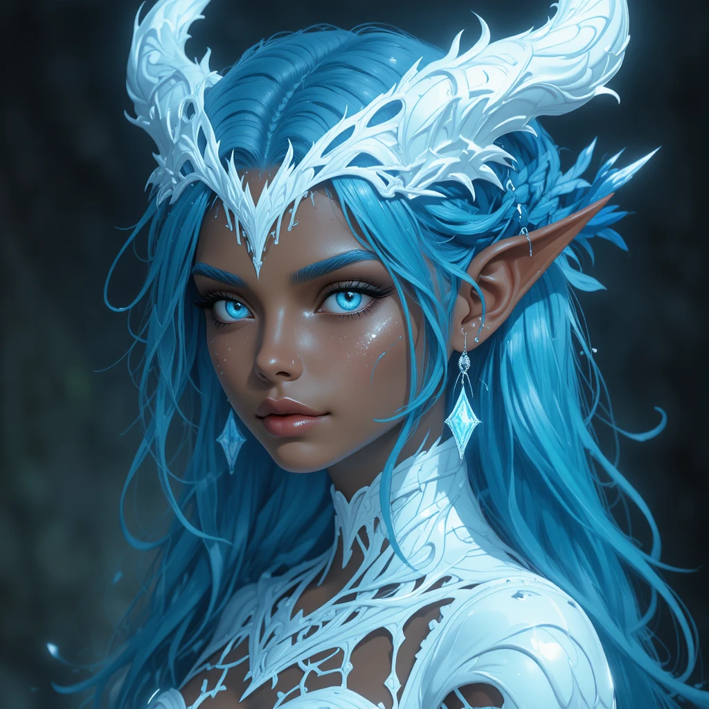 Bronzed goddess of the night with dark blue eyes and hair