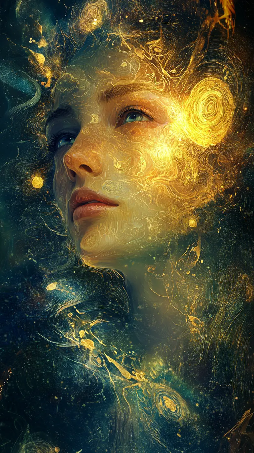 Surreal woman portrait in a dreamlike golden atmosphere