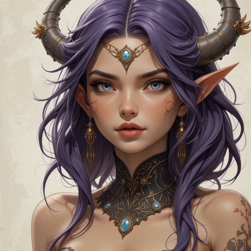 Fantasy goddess of righteous anger with violet hair
