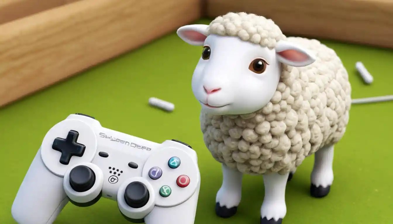 Petit mouton blanc jouant sur une console de jeu moderne