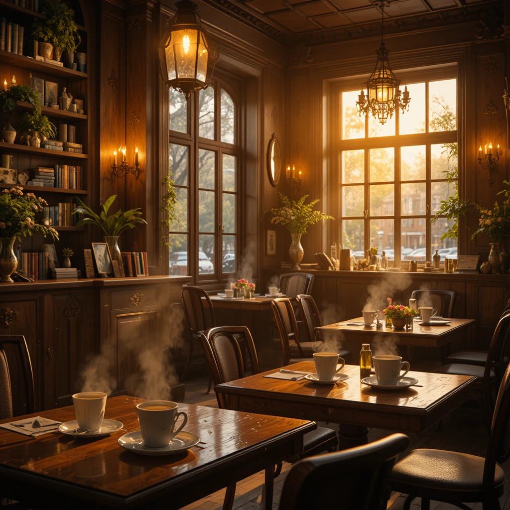 Cozy coffee shop interior with warm window light