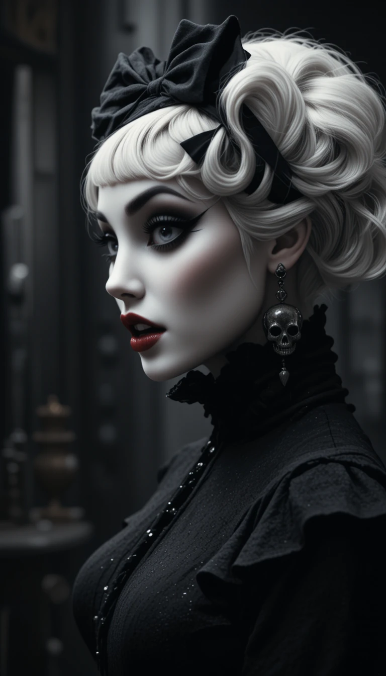 White haired woman with skull earring in dark portrait