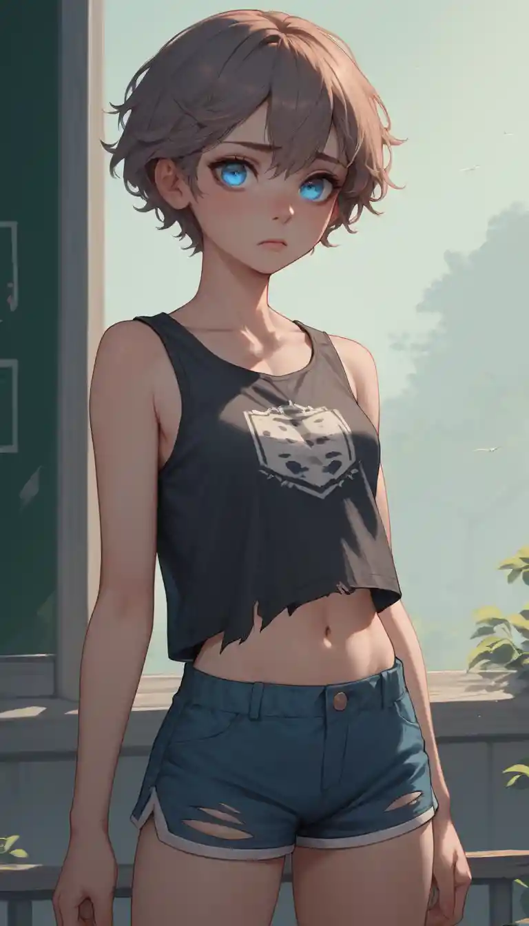 Sad Japanese schoolgirl in torn clothes standing in classroom