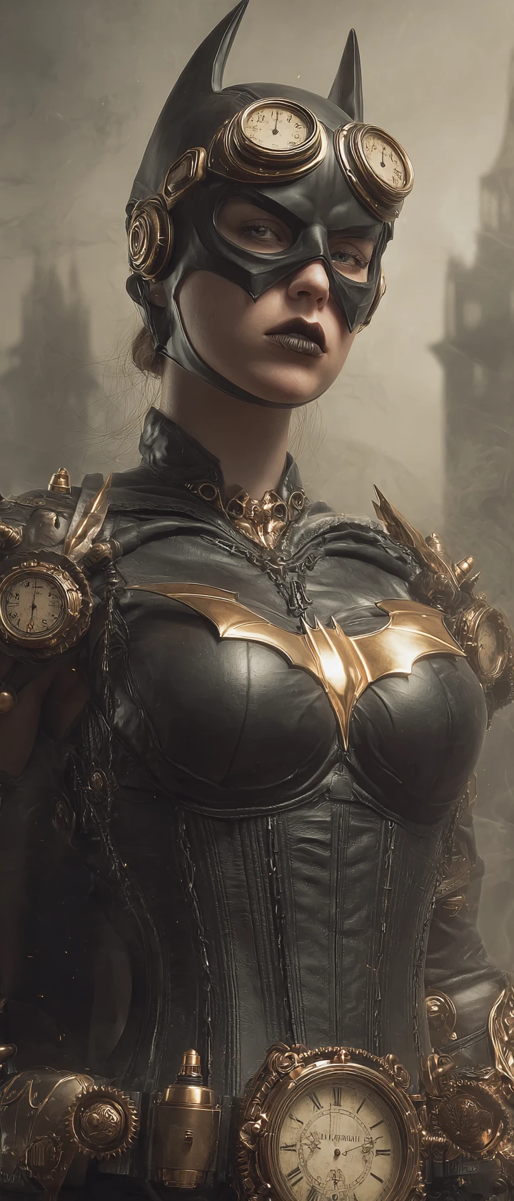 Steampunk warrior woman portrait against hazy city skyline