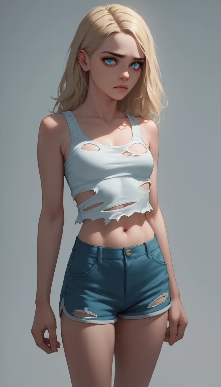 Sad blonde schoolgirl standing alone in a classroom