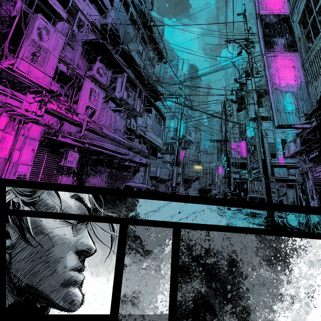 High contrast cyberpunk comic illustration with neon colors