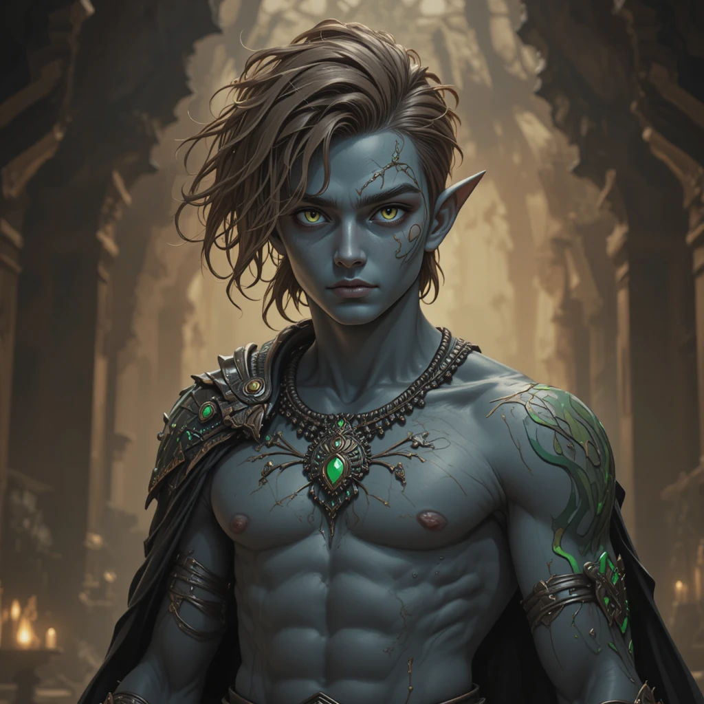 Cunning young god with pale gray skin and green eyes