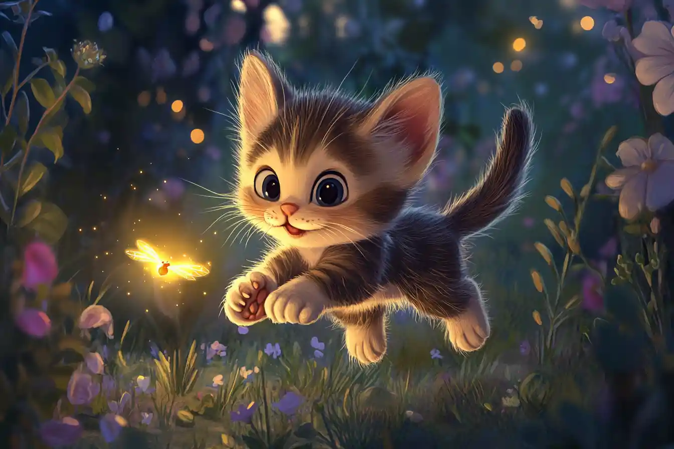 Playful kitten chasing a glowing firefly at twilight