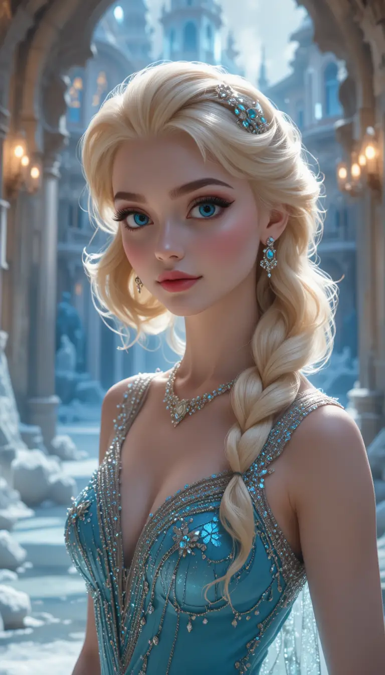 Glamorous Ice Princess Before A Shimmering Frozen Palace