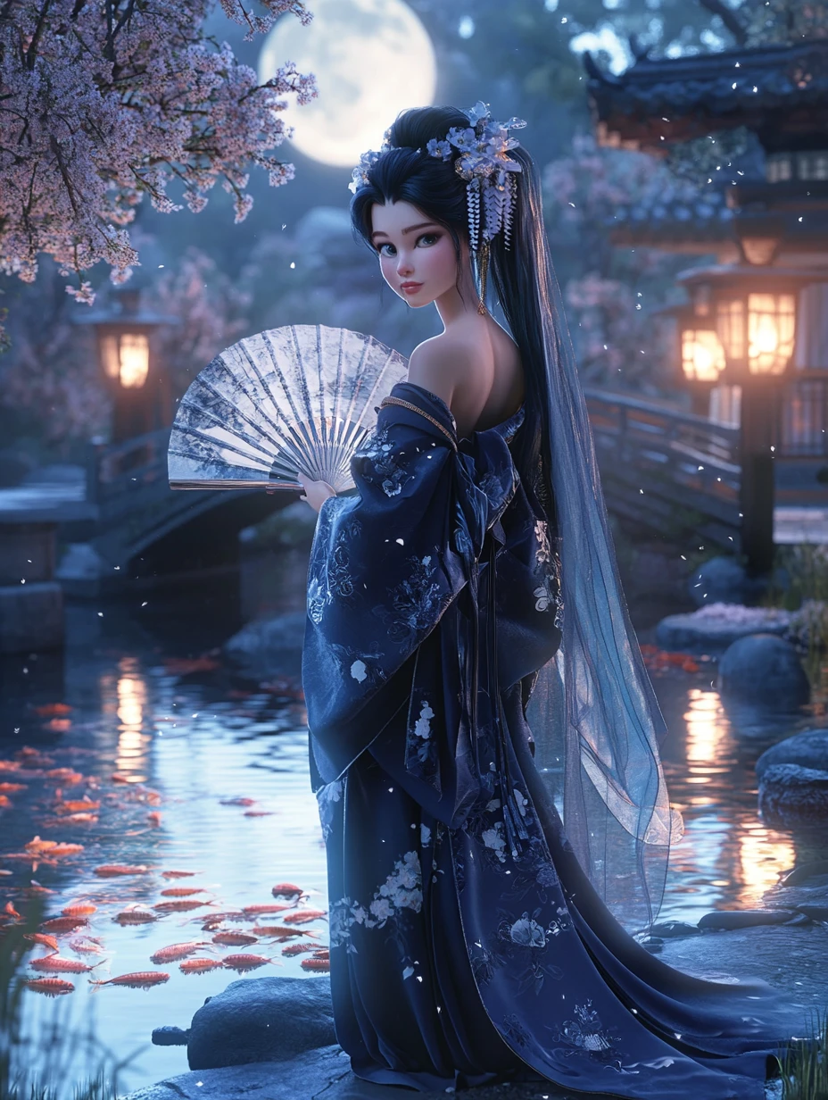 Hada elegante con kimono junto a un estanque de koi a la luz de la luna