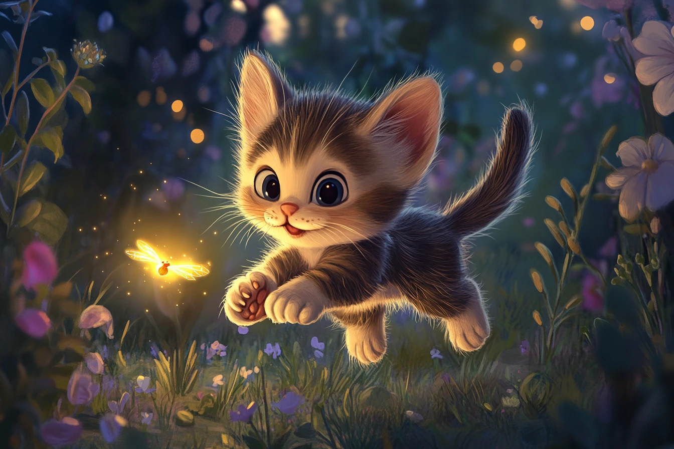 Playful kitten chasing a glowing firefly at twilight