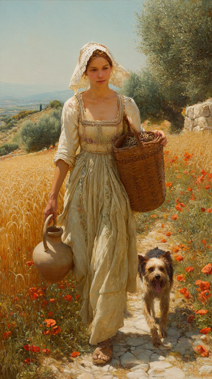 Peasant girl walking a sunlit path in rural Provence