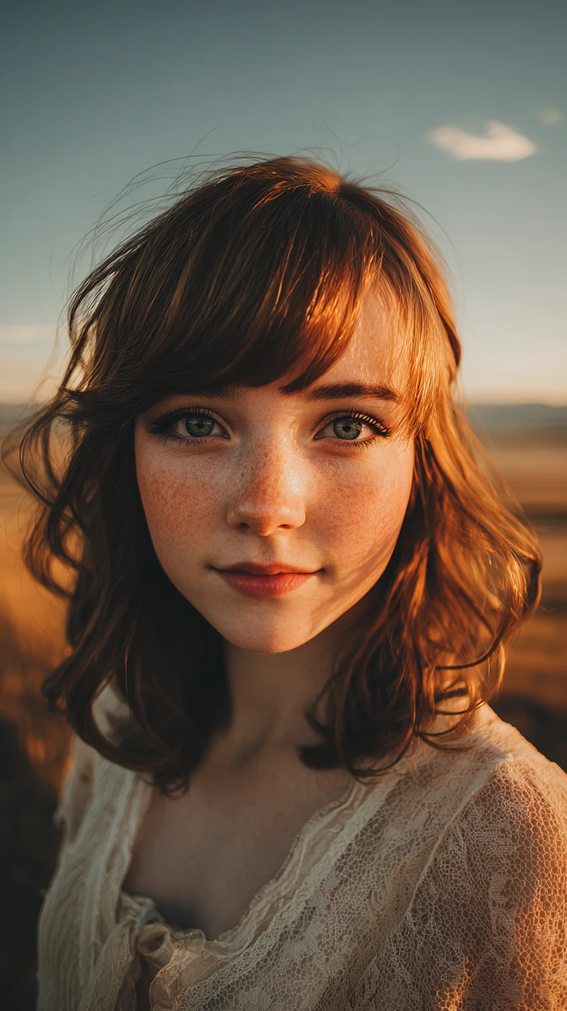 Shy anime girl at sunrise in a gentle outdoor portrait