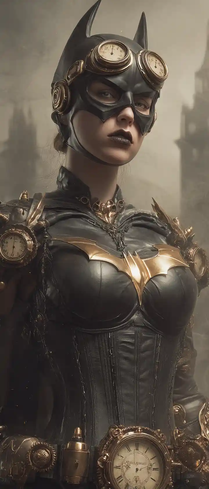 Steampunk warrior woman portrait against hazy city skyline