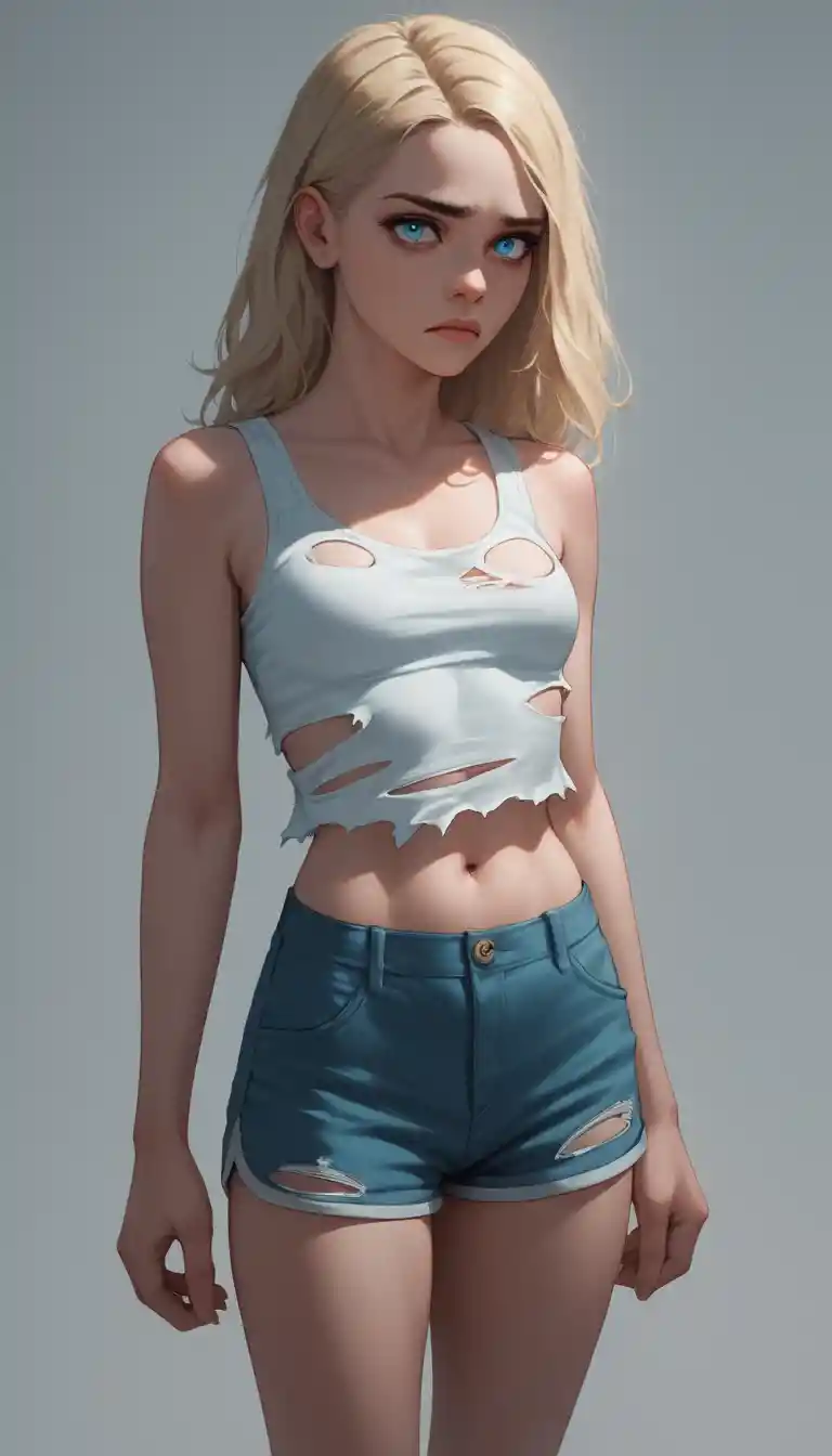 Sad blonde schoolgirl standing alone in a classroom