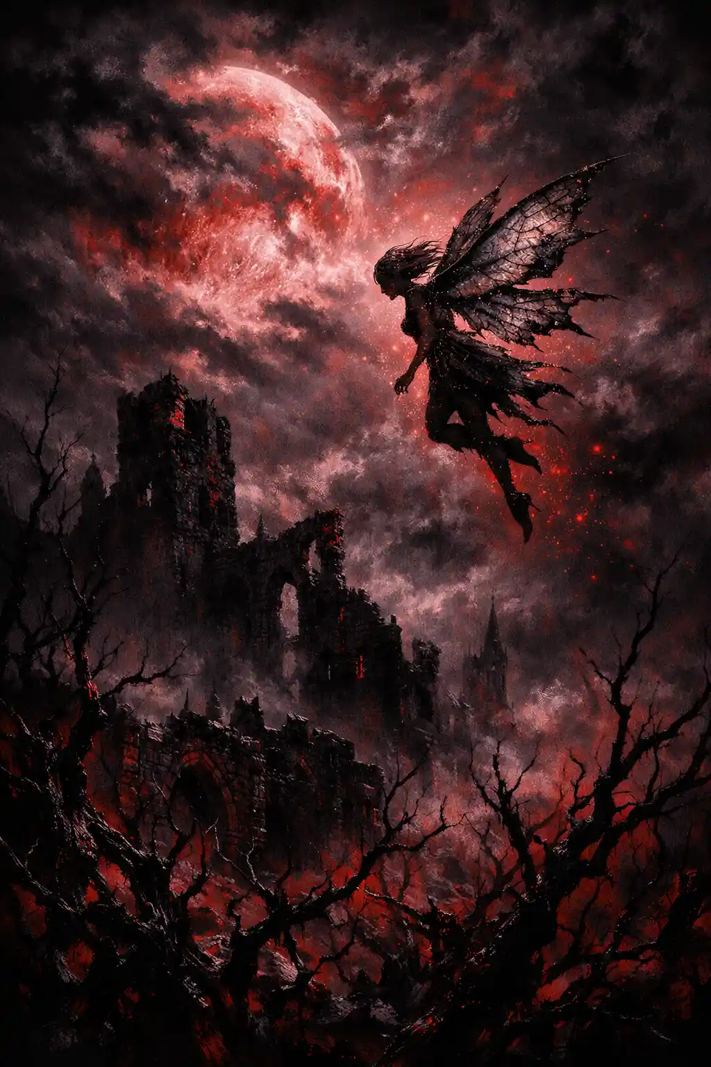 Pequeña hada sobre ruinas iluminadas por la luna en una escena de fantasía oscura