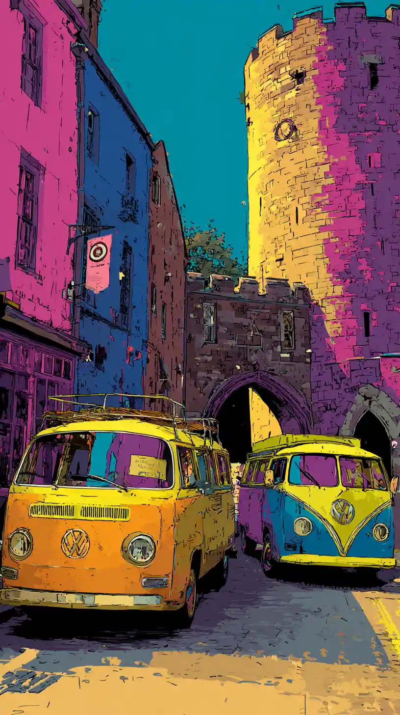 Colorful medieval street with tower and playful vehicles