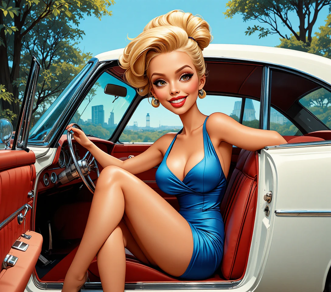 Blonde pin up woman posing in a white sports car