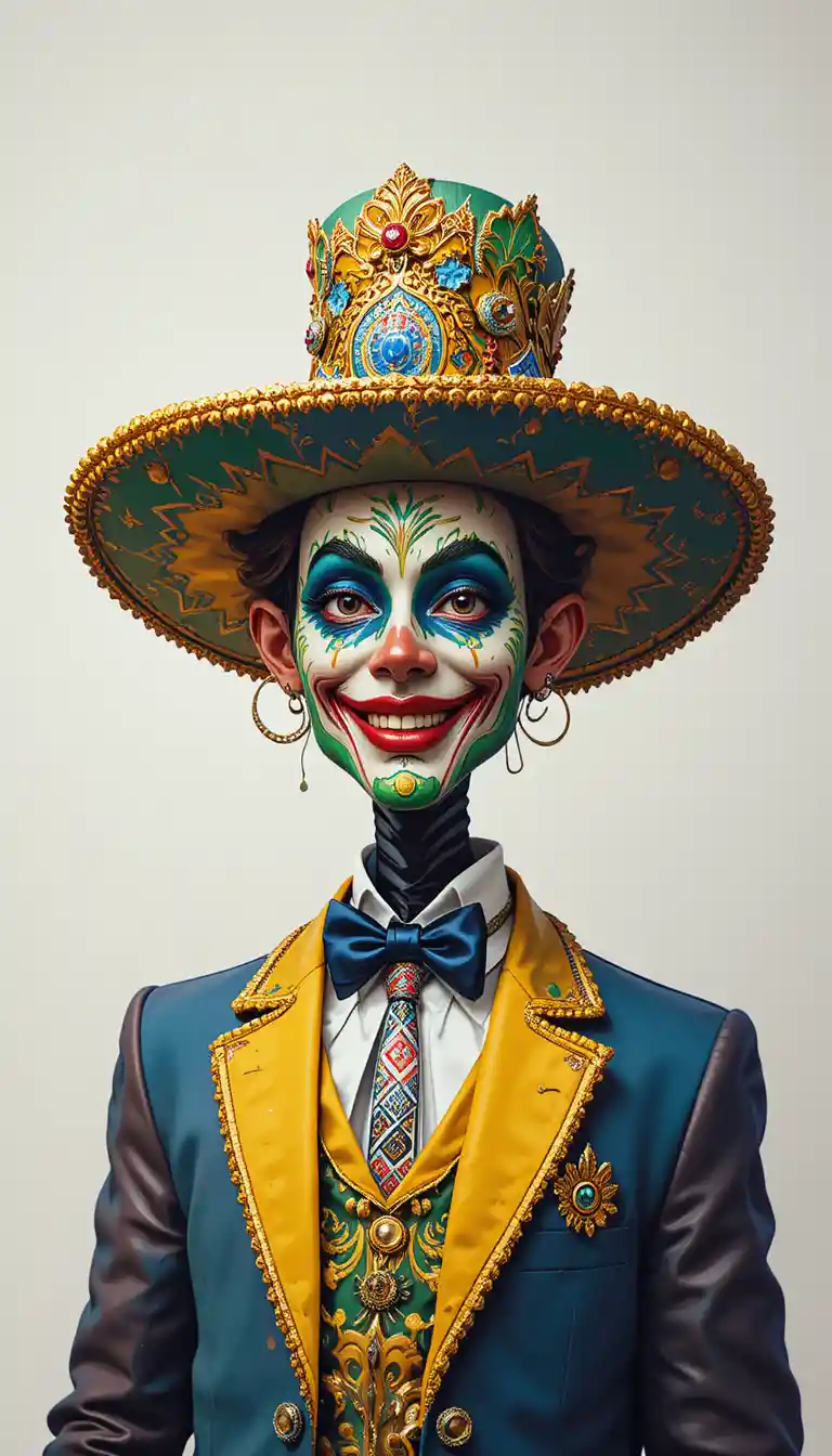 Minimalist digital portrait of a joyful Brazilian carnival clown