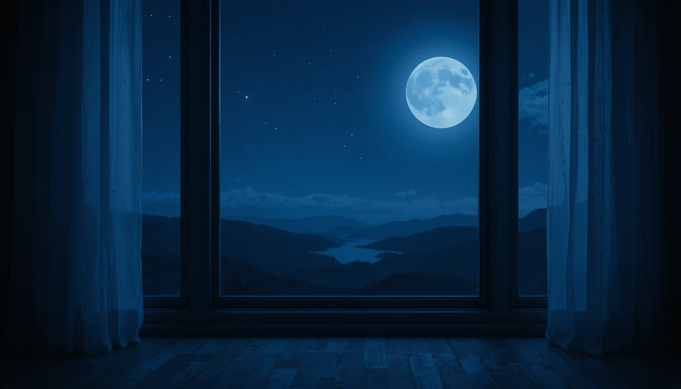 Scène de nuit bleue calme avec clair de lune à travers la fenêtre