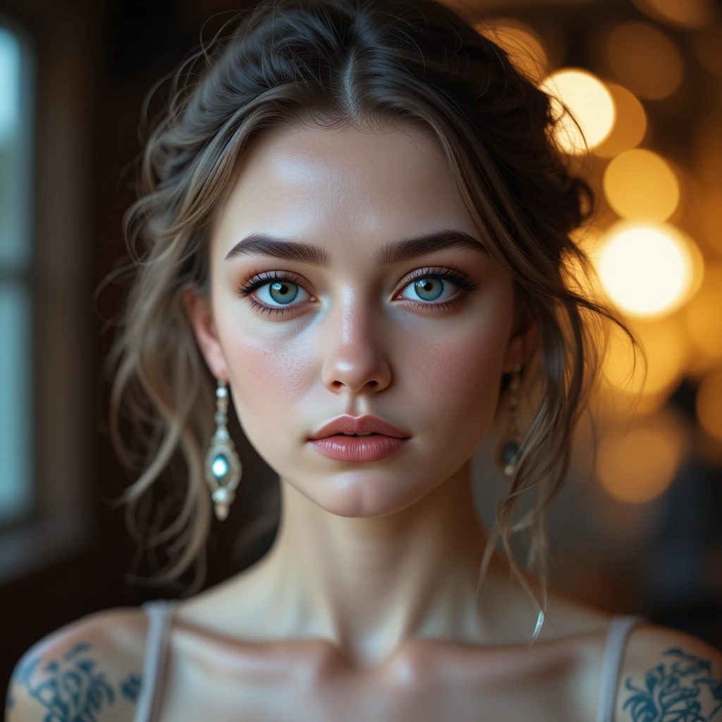Ritratto ravvicinato di una giovane donna con occhi azzurri e bokeh