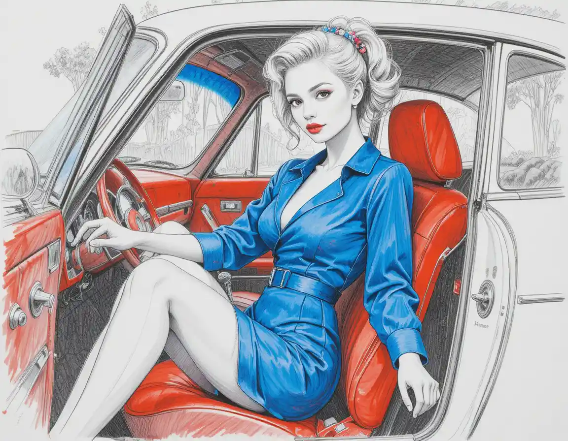 Blonde pin up woman posing in a white sports car