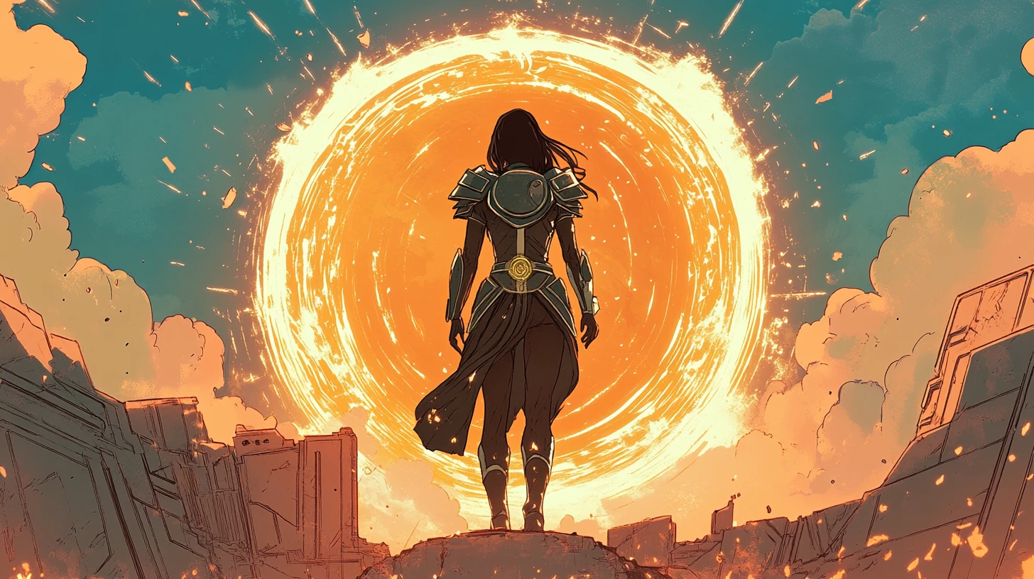 Armored princess at a glowing portal above ruined city