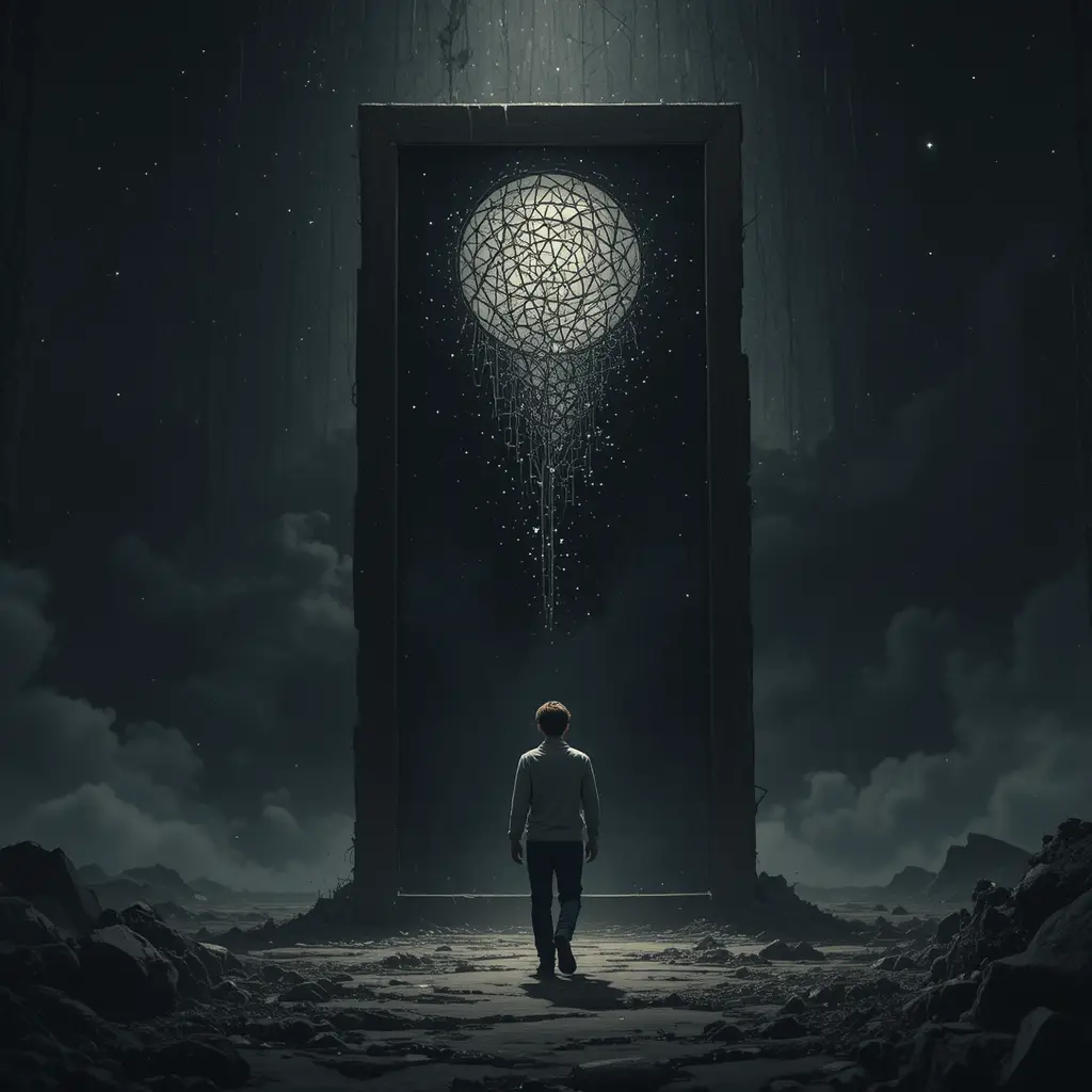 Young man guided by a whisper in silent darkness