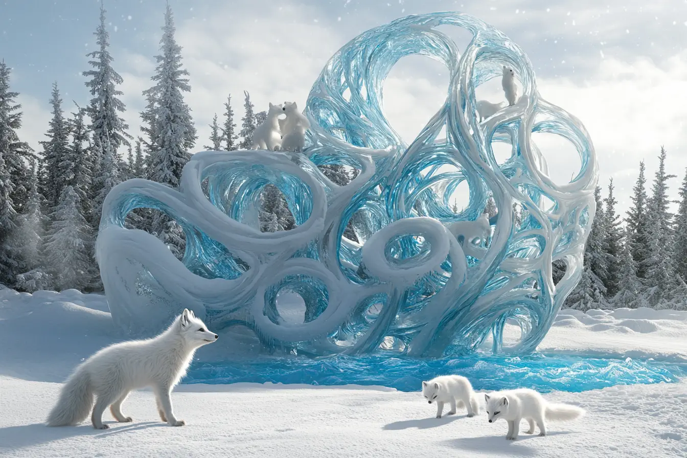 Arctic Fox Family In A Serene Winter Wonderland