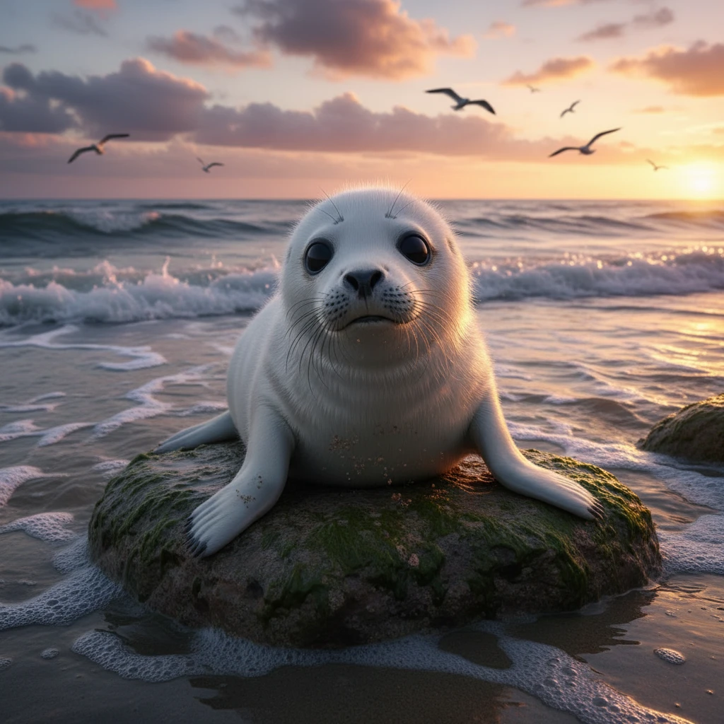 Cute young seal on rocky beach at sunset with seagulls