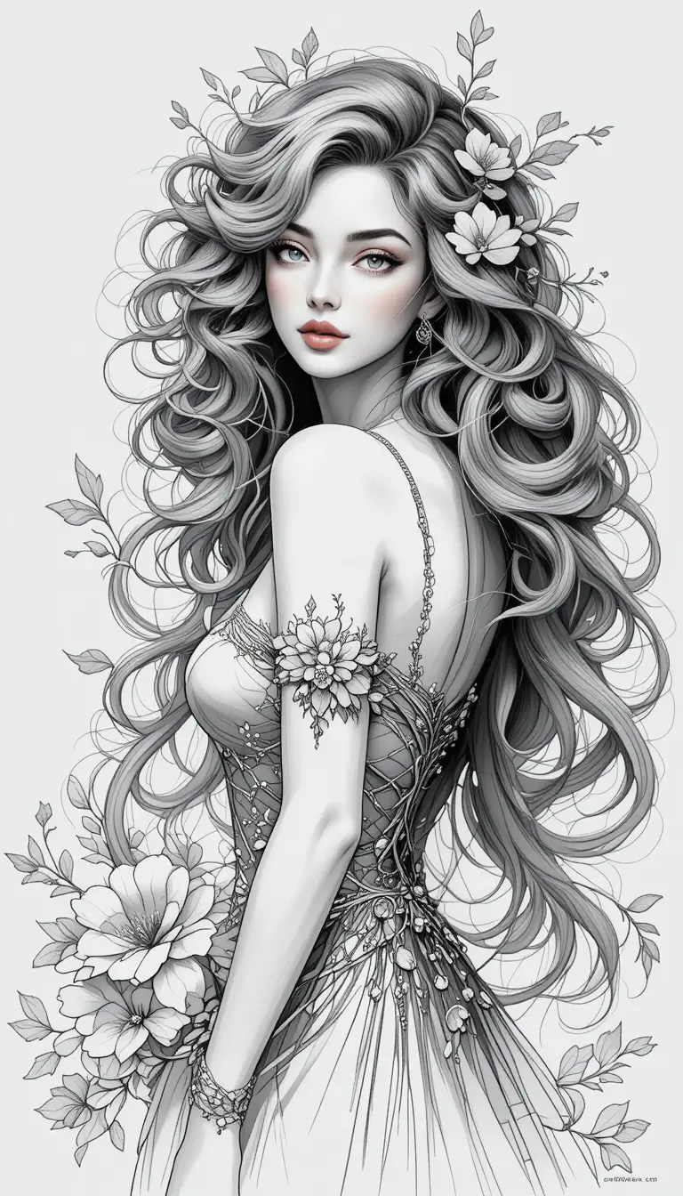 Monochrome portrait of a woman with flowing hair and flowers