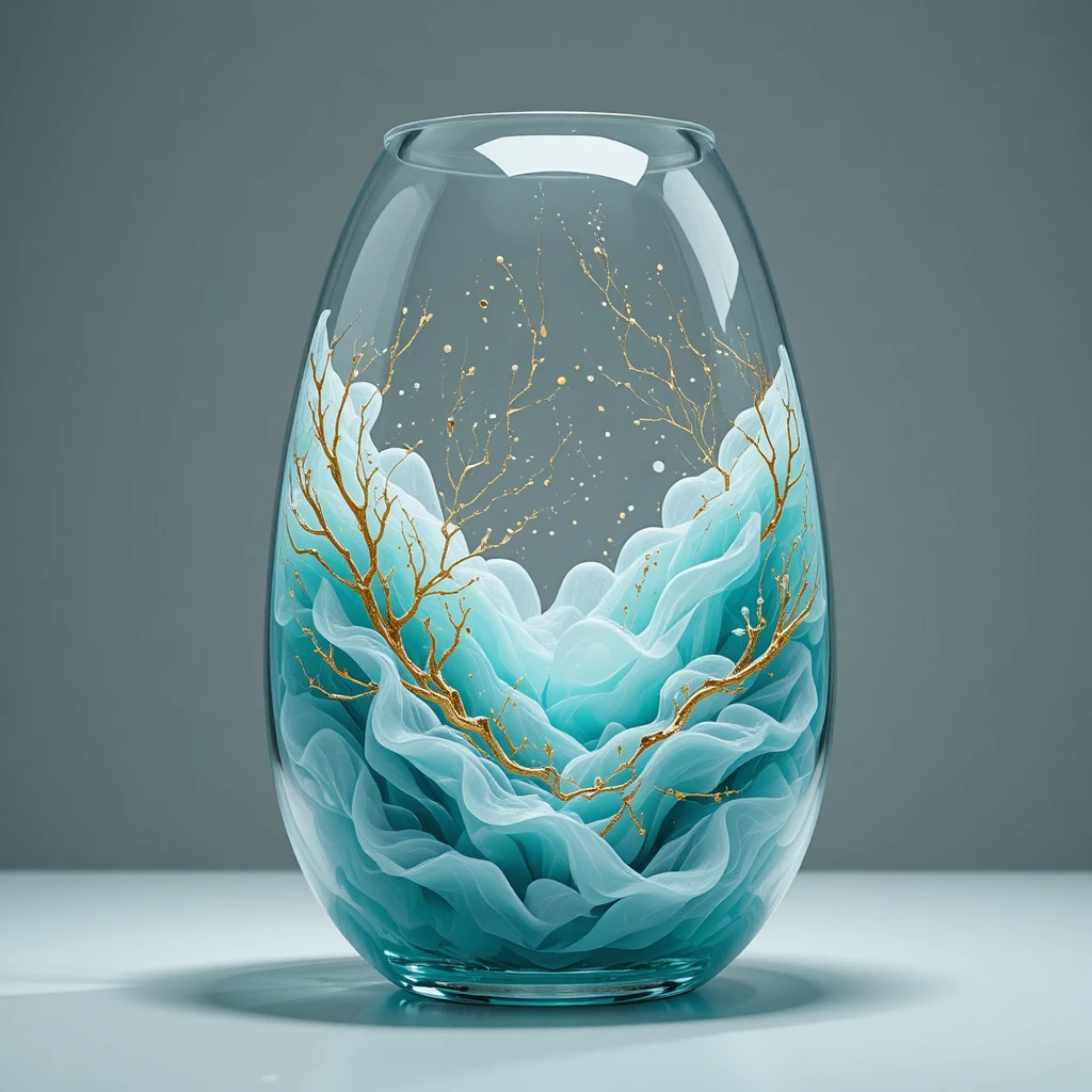 Translucent Glass Sculpture With Teal Fabric And Gold Veins