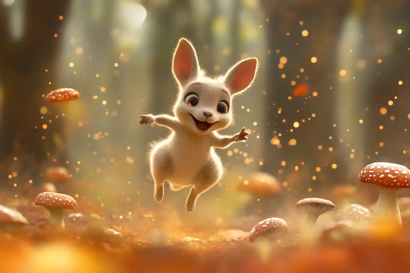Baby kangaroo leaping through a magical mushroom field