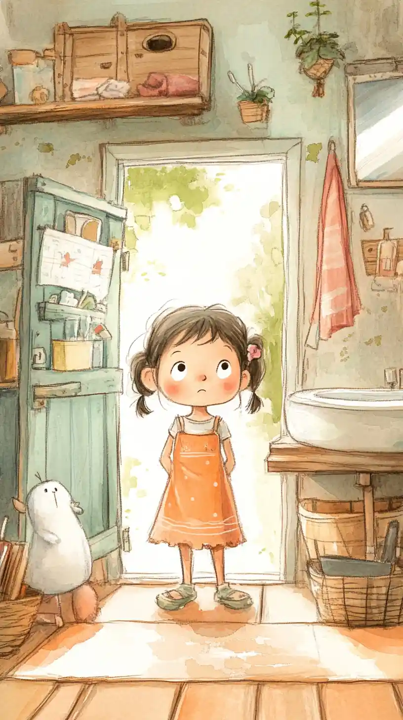Cute little girl refusing bath in cozy bathroom illustration