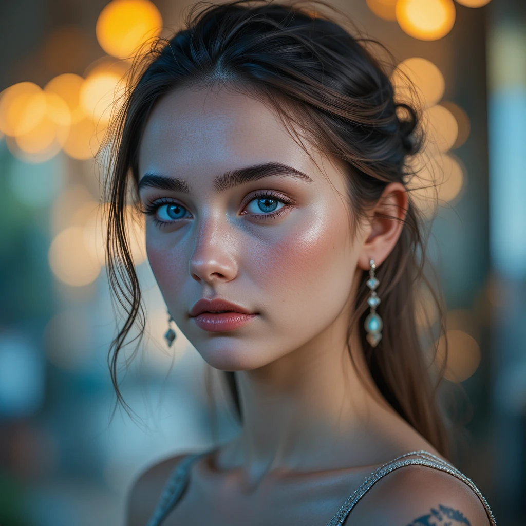 Porträt einer jungen Frau mit blauen Augen und goldenem Bokeh